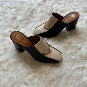 Tory Burch Equestrian Link Leather High Heeled Mules Cream Black Gold 6.5M
